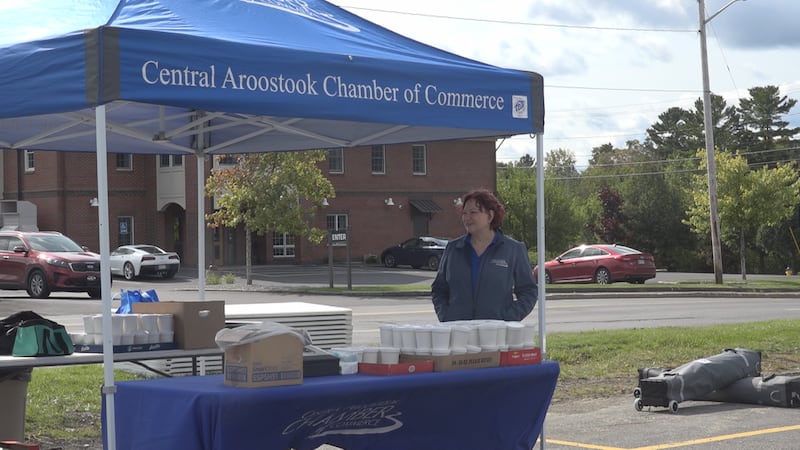 Central Aroostook Chamber of Commerce Stand Set Up to Sell Freshly Baked Apple Crisps.
